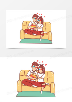 手绘卡通情侣约会看电影场景素材