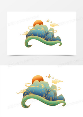 中国风手绘国潮山水装饰图案元素