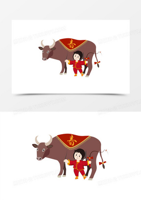 手绘卡通小女孩打春牛免抠元素
