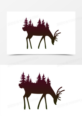 手绘梅花鹿和森林剪影装饰元素