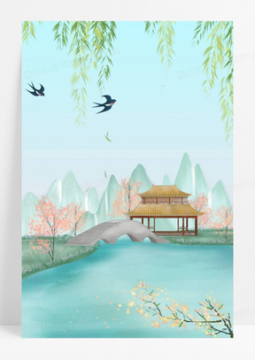 水墨风春天花红柳绿背景