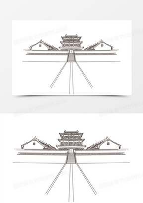 手绘线稿沈阳故宫大门免抠装饰元素