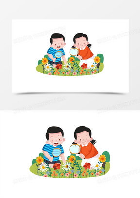 手绘卡通学生课外观察花草免抠元素
