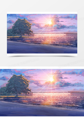 日系插画落日余晖海边风景素材
