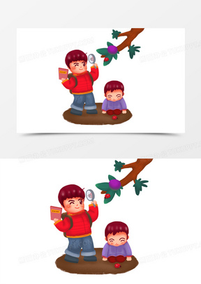 手绘卡通小孩观察昆虫插画元素