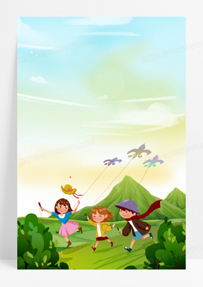创意手绘卡通春天踏青放风筝背景