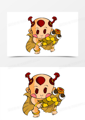 年画人物抱着鱼的小男孩儿