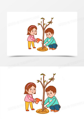 手绘卡通种树浇水的小朋友免抠素材