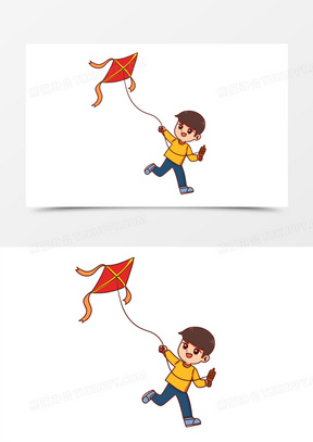 卡通手绘放风筝的小孩子免抠素材
