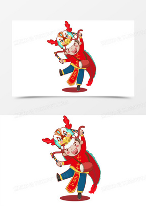 卡通手绘龙抬头耍龙打鼓小男孩免抠元素