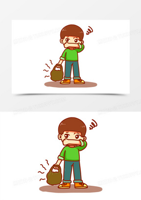 手绘卡通男孩捂鼻子丢垃圾场景素材