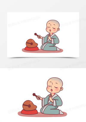 手绘卡通可爱敲木鱼念经小和尚素材