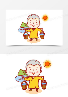 手绘卡通小和尚挑水插画元素