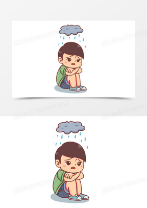 手绘卡通难过抑郁小男孩抱腿人物素材