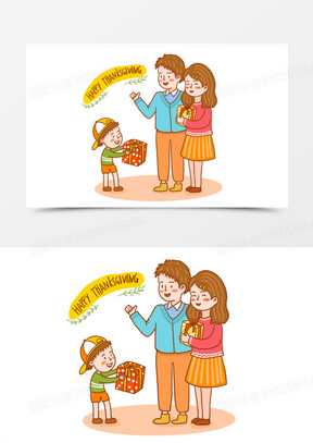 手绘卡通小男孩送礼物给父母插画元素