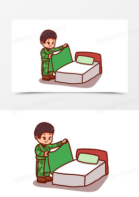 手绘卡通男孩冬令营叠被子场景素材