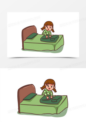 卡通手绘女孩冬令营叠被子场景素材