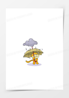 卡通雨天打伞的猫