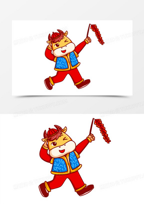 手绘卡通国潮小牛放鞭炮素材