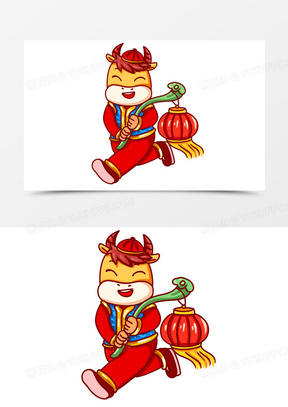 卡通手绘国潮小牛提灯笼场景素材