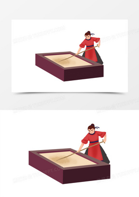 卡通手绘传统造纸纸浆搅拌插画