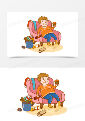 手绘卡通男孩坐在沙发上吃零食插画元素