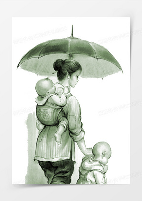 古典水彩伟大母亲雨天撑伞