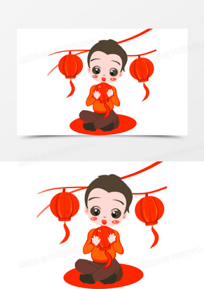 手绘卡通元宵节小男孩拿灯笼玩免抠元素