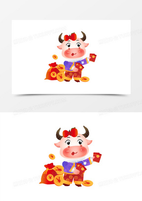 卡通手绘新年牛发红包免抠元素