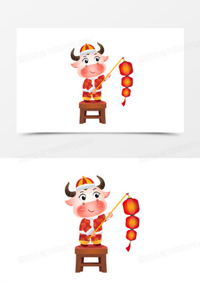 卡通手绘新年牛举灯笼免抠元素