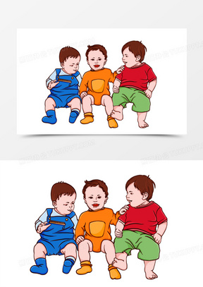 手绘卡通三个小婴儿宝宝排排坐免抠元素
