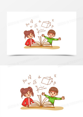 手绘卡通学生互相讲解知识点场景素材