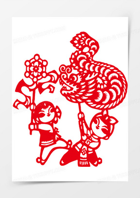 红色舞狮剪纸新年装饰