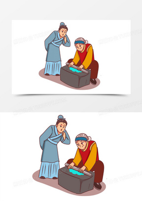 卡通手绘成语故事铁杵磨针场景素材