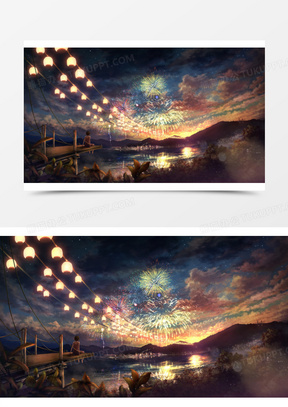 夜景灯笼烟花动漫插画