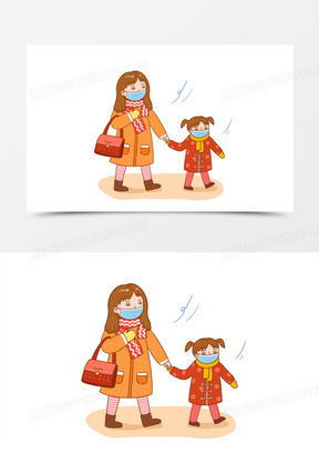 手绘卡通冬季出门防疫插画元素