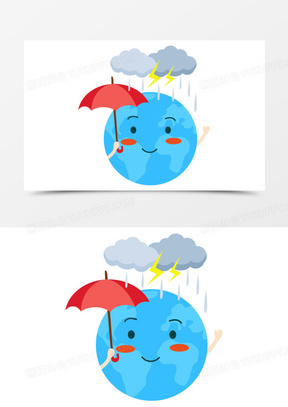 卡通手绘创意地球气象下雨闪电矢量素材