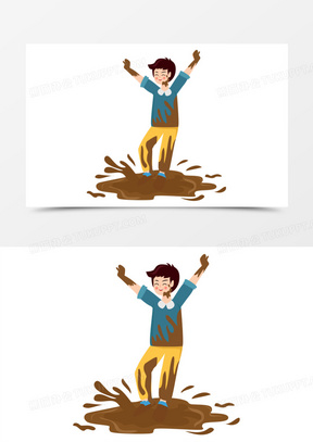 手绘卡通男孩玩泥巴跳泥坑素材
