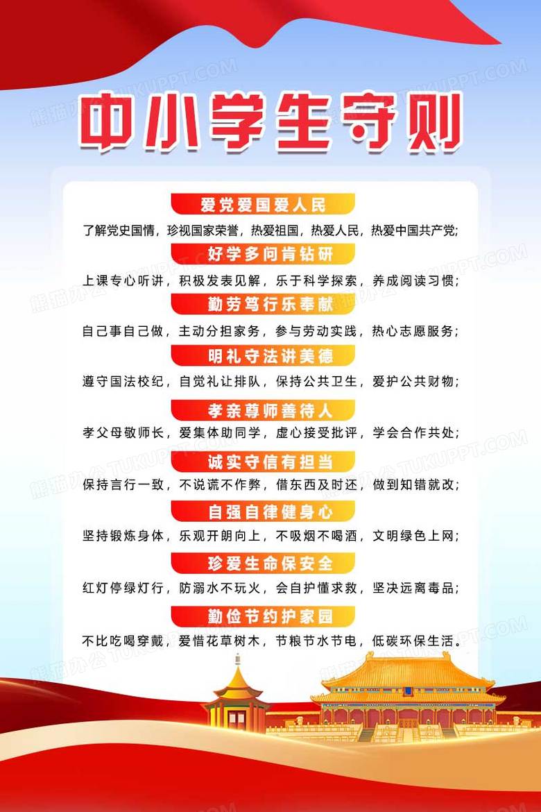 蓝色简约中小学生守则宣传海报