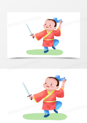 卡通手绘古代人物舞剑免抠素材