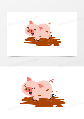 卡通手绘小猪在泥潭玩耍素材