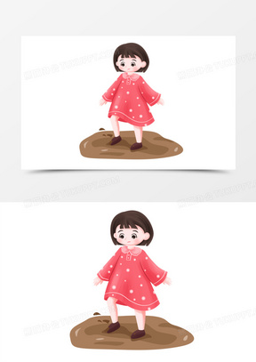 卡通手绘女孩踩到泥坑免抠素材