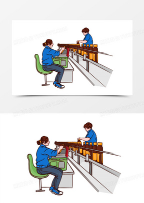 931卡通手绘车间工人流水线工作场景素材460手绘工厂工人制作工作过程