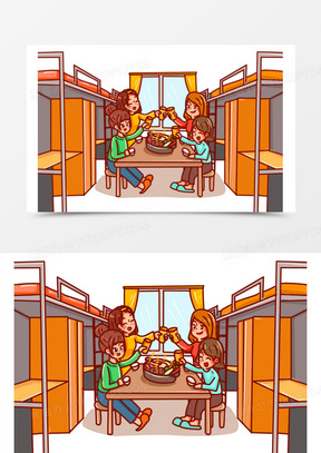 卡通手绘寝室文化宿舍吃火锅场景素材