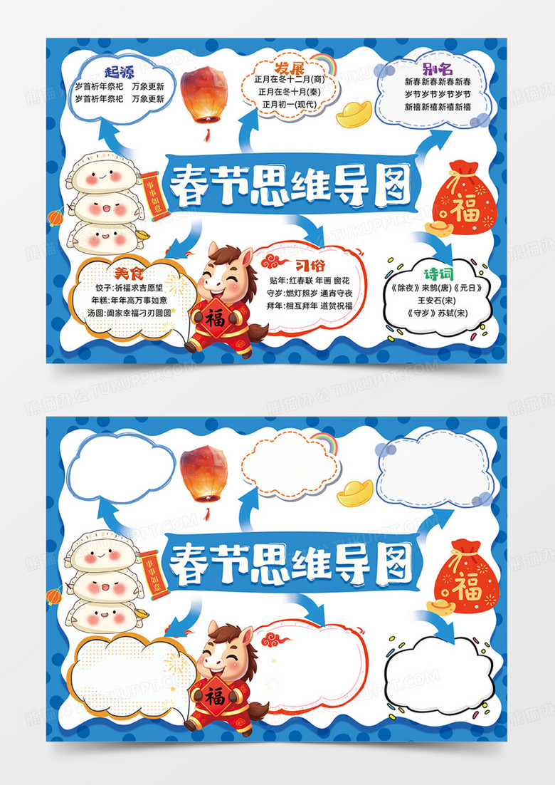 蓝色春节马年2026思维导图可爱插画设计简约卷轴手抄报