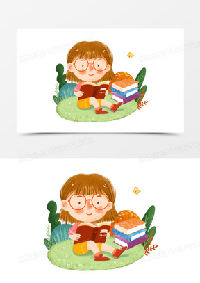 手绘卡通小女孩阅读插画元素