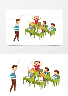 卡通手绘上课的学生与老师