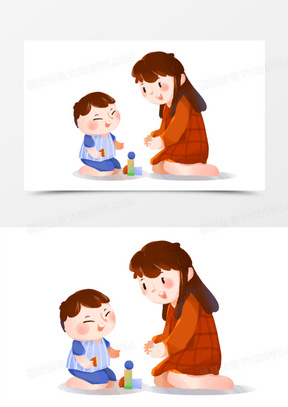 卡通手绘大人和小孩玩积木免抠素材