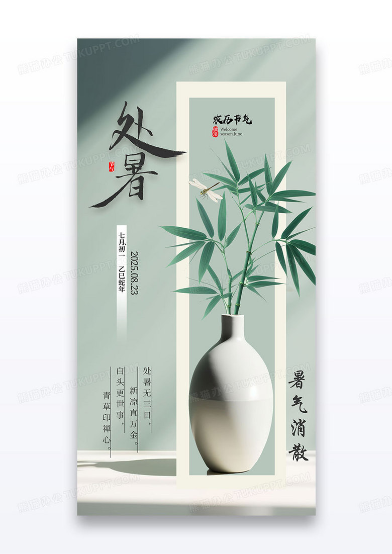 新中式素雅花瓶二十四节气处暑海报