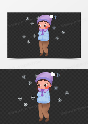 卡通手绘冬季下雪小女孩裹紧围巾免抠元素